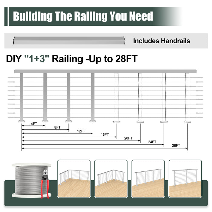 BLIKA 36'' & 42'' Brushed Stainless Steel Surface Mount Cable Railing System DIY Kit (4FT - 28FT, Level Drilled, )