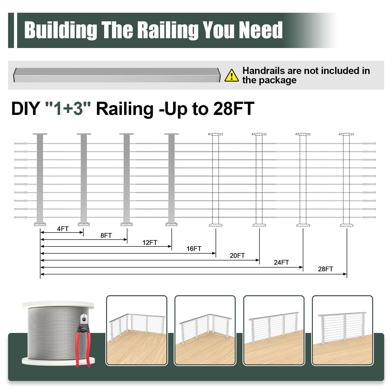BLIKA 36'' & 42'' Brushed Stainless Steel Surface Mount Cable Railing System DIY Kit (4FT - 20FT, Level Drilled, No Handrail)