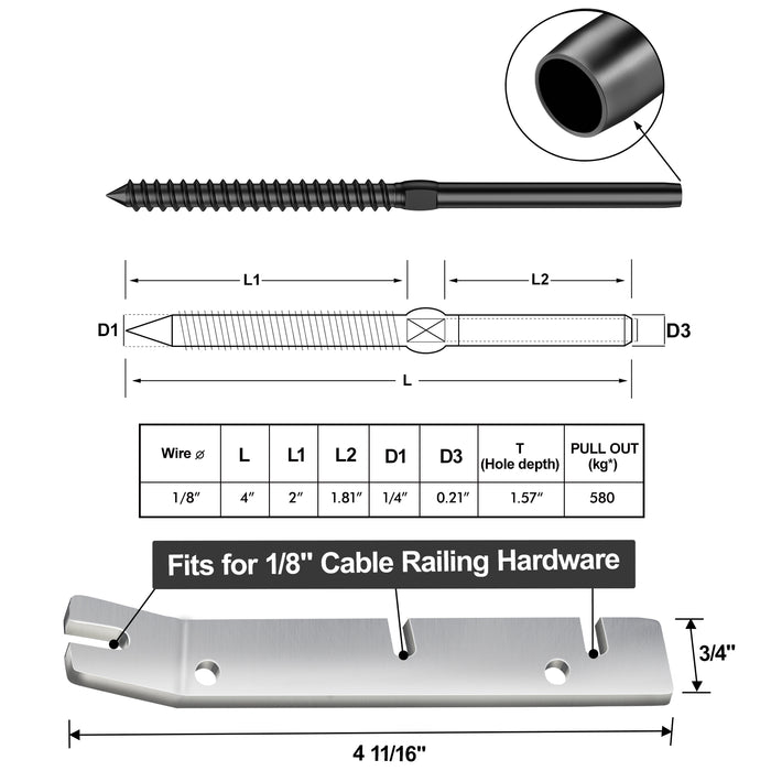 BLIKA Black Swage Lag Screws for 1/8" Black Cable Railing