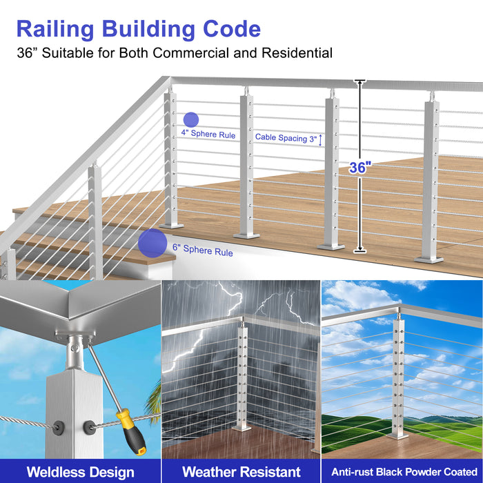 BLIKA 36" Brushed Stainless Steel Pre-Drilled Cable Railing Post for Stair Installations