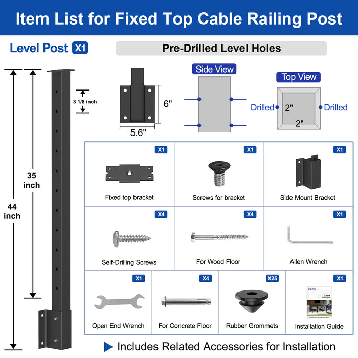 BLIKA 36" Level Drilled Side Mount Post with Bracket for Cable Railing