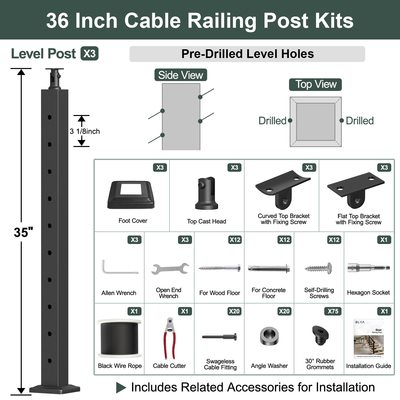 BLIKA 36'' Black Surface Mount Stair Cable Railing  DIY Kit（No Handrail）