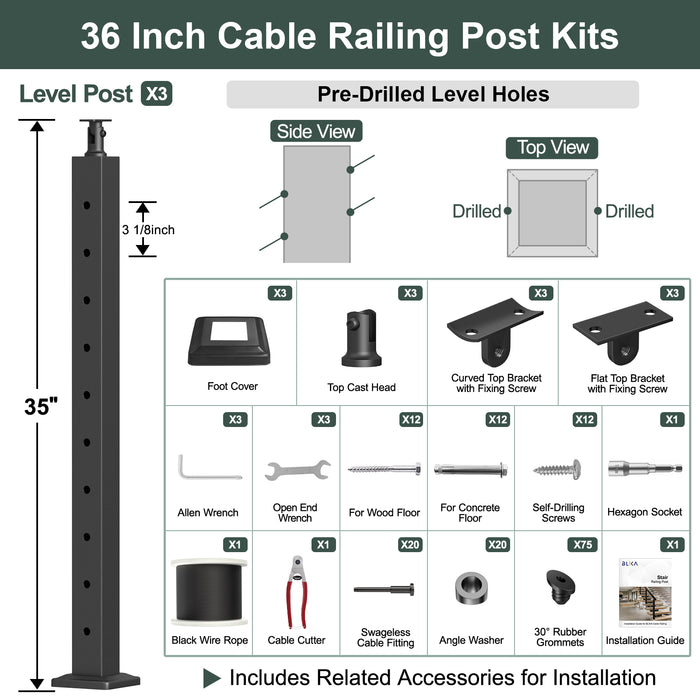 BLIKA 36'' Black Surface Mount Stair Cable Railing  DIY Kit（No Handrail）
