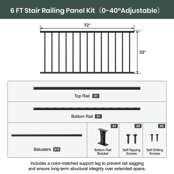 BLIKA 4FT/6FT/8FT Aluminum Stair Railing Panel