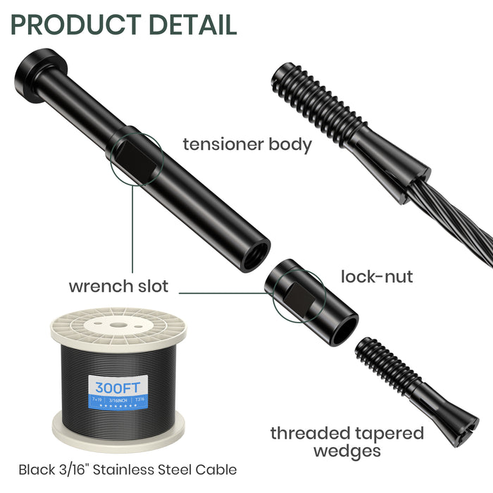 BLIKA Patented 1/8" & 3/16" Black Swageless Cable Fittings T316 For Metal&Wood Post