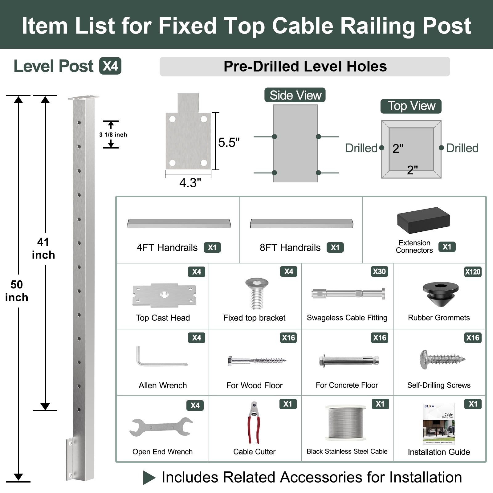 BLIKA 36'' & 42'' Brushed Stainless Steel Side Mount Cable Railing System DIY Kit (4FT - 28FT, Level Drilled)