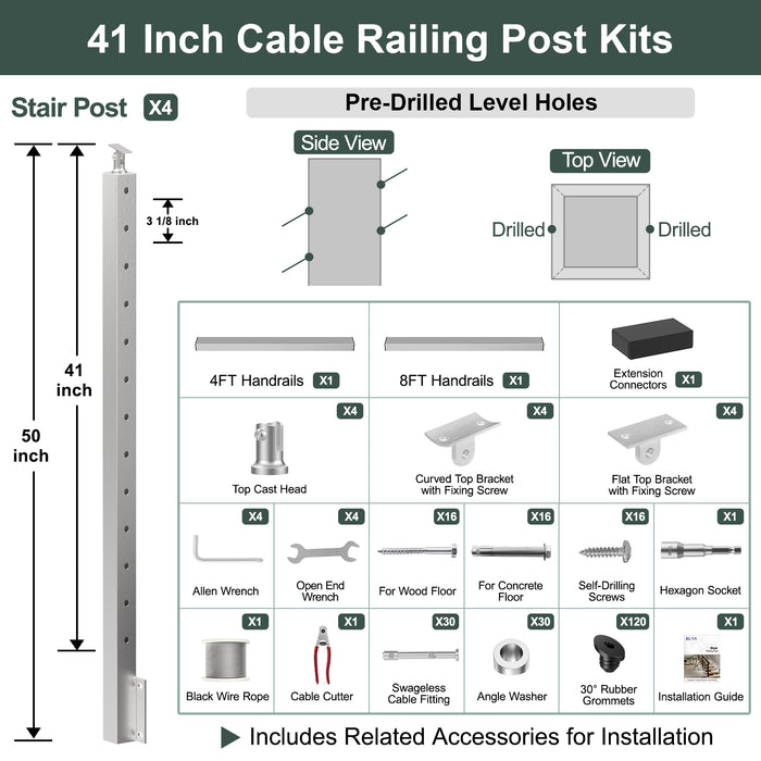 BLIKA 36'' & 42''  Brushed Stainless Steel Side Mount  Stair Cable Railing System DIY Kit (4FT - 20FT, Angled Drilled)