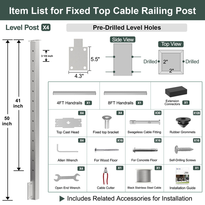 BLIKA 36'' & 42'' Brushed Stainless Steel Side Mount Cable Railing System DIY Kit (4FT - 28FT, Level Drilled)