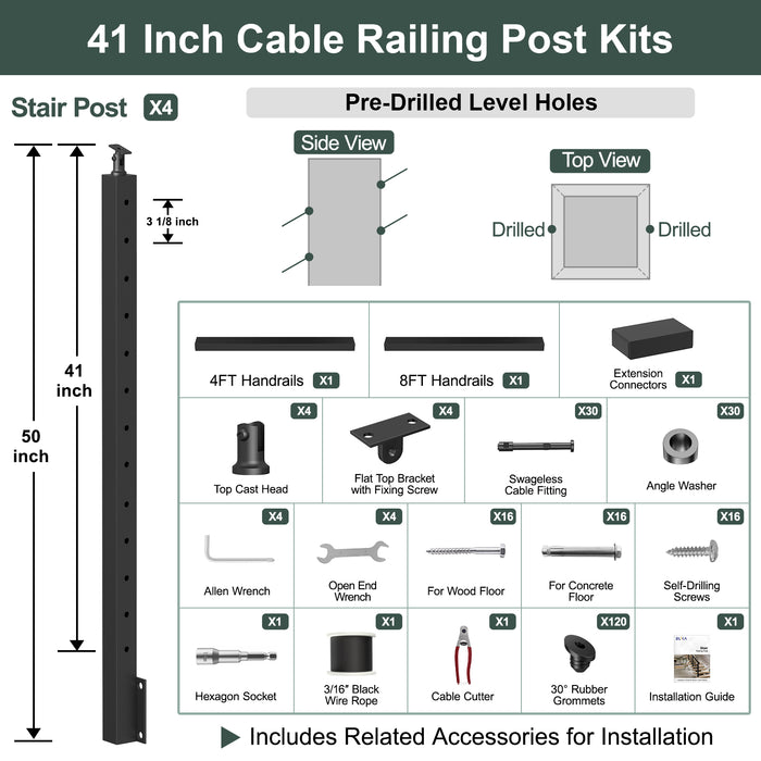 BLIKA 36''& 42''  Black Side Mount  Stair Cable Railing System DIY Kit (4FT - 20FT, Angled Drilled) - 3/16" Cable & Hardware