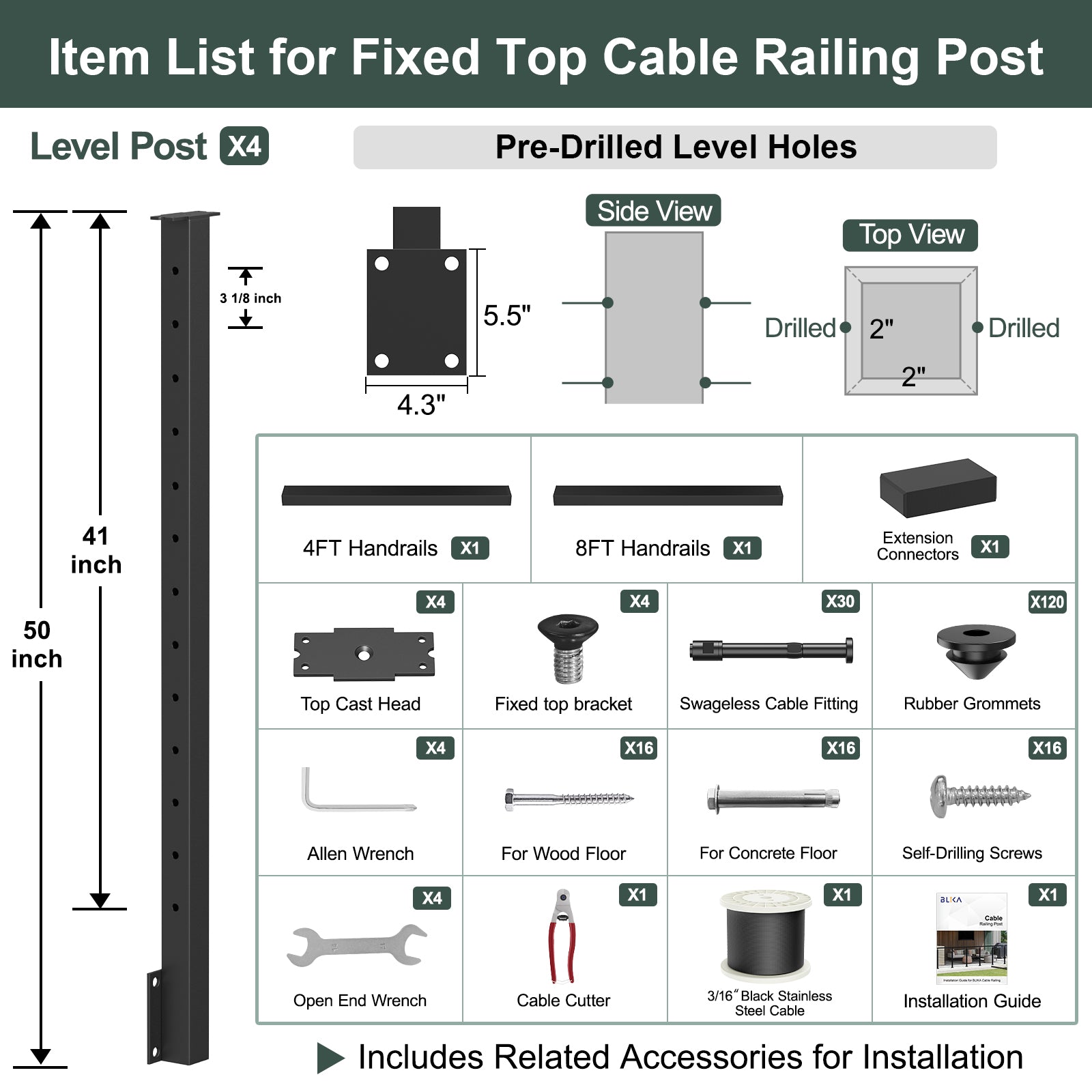 BLIKA 36'' & 42'' Black Side Mount Cable Railing System DIY Kit (4FT - 28FT, Level Drilled) - 3/16