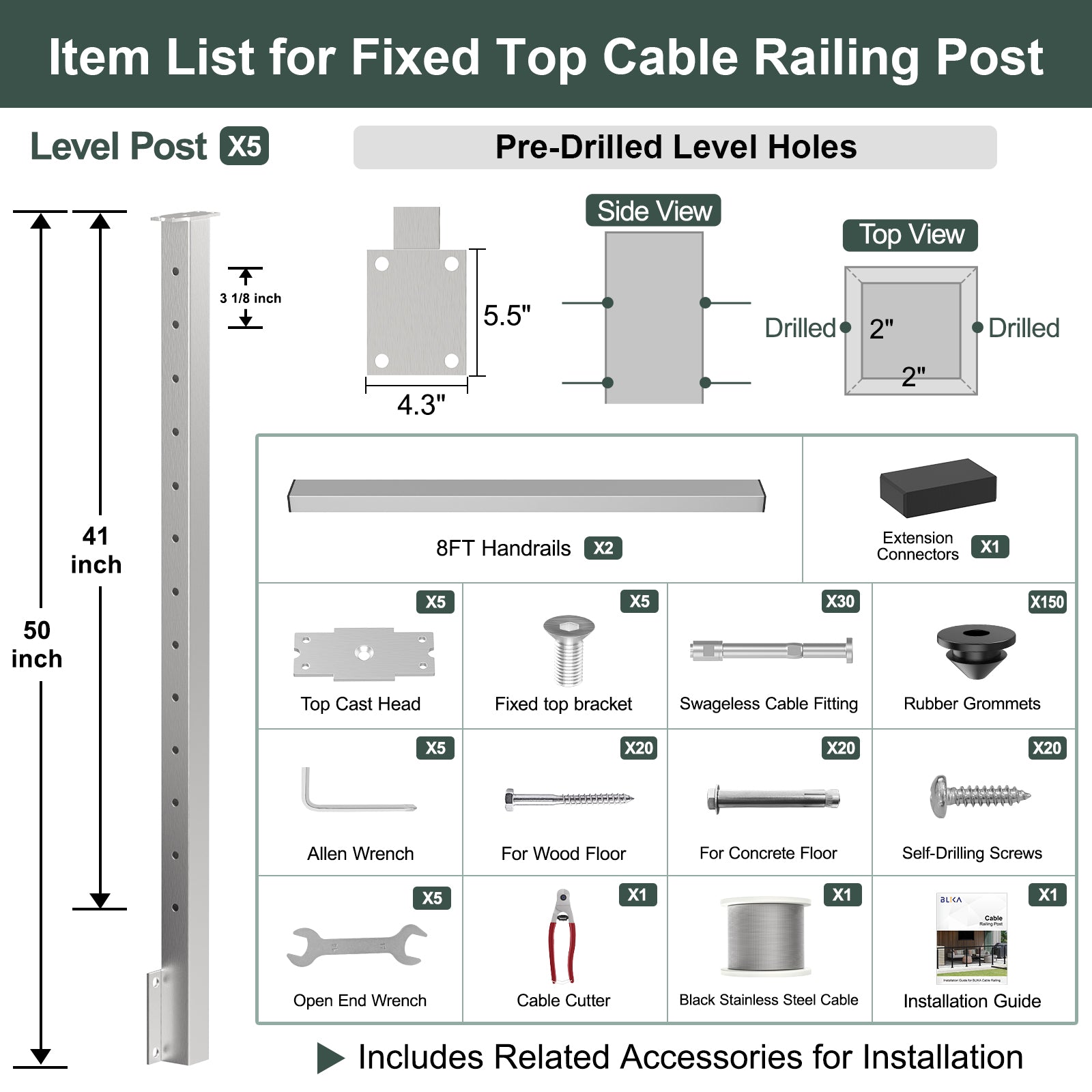 BLIKA 36'' & 42'' Brushed Stainless Steel Side Mount Cable Railing System DIY Kit (4FT - 28FT, Level Drilled)