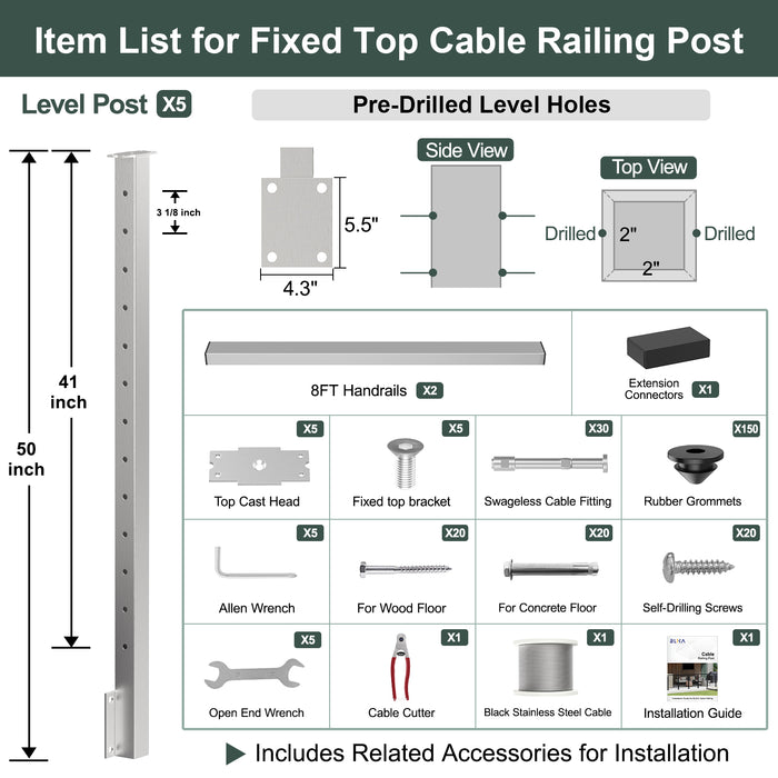 BLIKA 36'' & 42'' Brushed Stainless Steel Side Mount Cable Railing System DIY Kit (4FT - 28FT, Level Drilled)