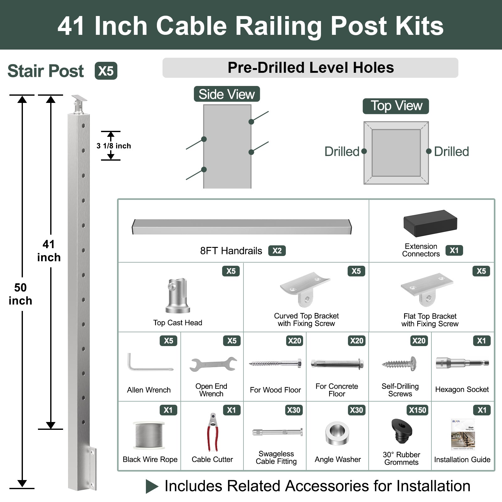 BLIKA 36'' & 42''  Brushed Stainless Steel Side Mount  Stair Cable Railing System DIY Kit (4FT - 20FT, Angled Drilled)