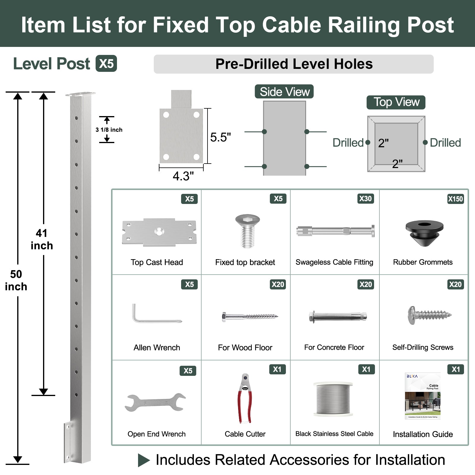 BLIKA 36'' & 42'' Brushed Stainless Steel Side Mount Cable Railing System DIY Kit (4FT - 20FT,  No Handrail)
