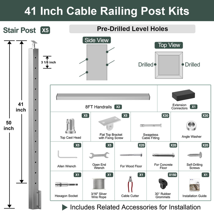 BLIKA 36'' & 42''  Brushed Stainless Steel Side Mount  Stair Cable Railing System DIY Kit (4FT - 20FT, Angled Drilled) - 3/16" Cable & Hardware