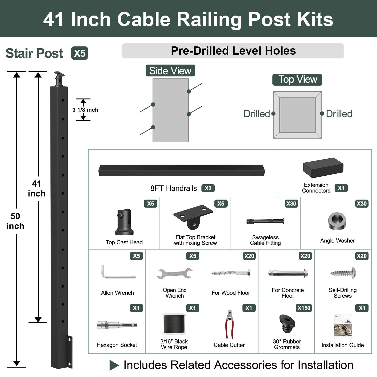 BLIKA 36''& 42''  Black Side Mount  Stair Cable Railing System DIY Kit (4FT - 20FT, Angled Drilled) - 3/16