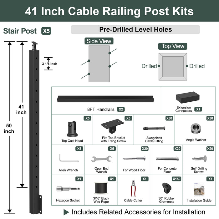 BLIKA 36''& 42''  Black Side Mount  Stair Cable Railing System DIY Kit (4FT - 20FT, Angled Drilled) - 3/16" Cable & Hardware