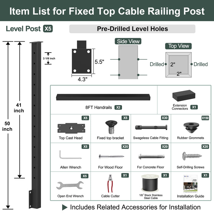 BLIKA 36'' & 42'' Black Side Mount Cable Railing System DIY Kit (4FT - 28FT, Level Drilled) - 1/8" Cable & Hardware