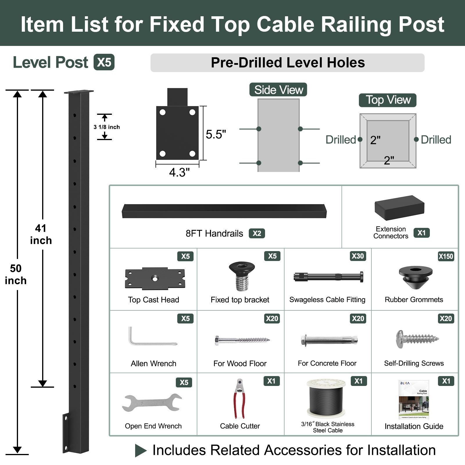 BLIKA 36'' & 42'' Black Side Mount Cable Railing System DIY Kit (4FT - 28FT, Level Drilled) - 3/16
