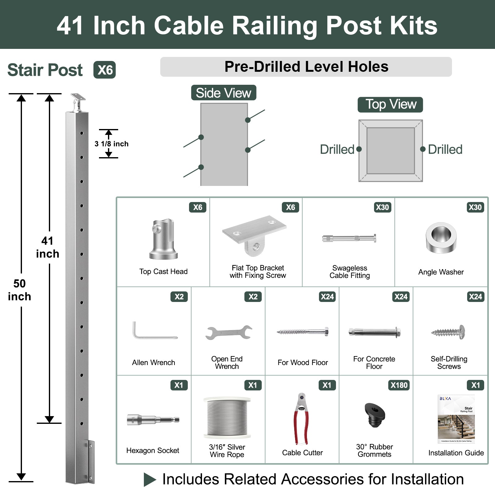 BLIKA 36'' & 42'' Brushed Stainless Steel Side Mount Stair Cable Railing System DIY Kit (4FT - 20FT,  No Handrail) - 3/16