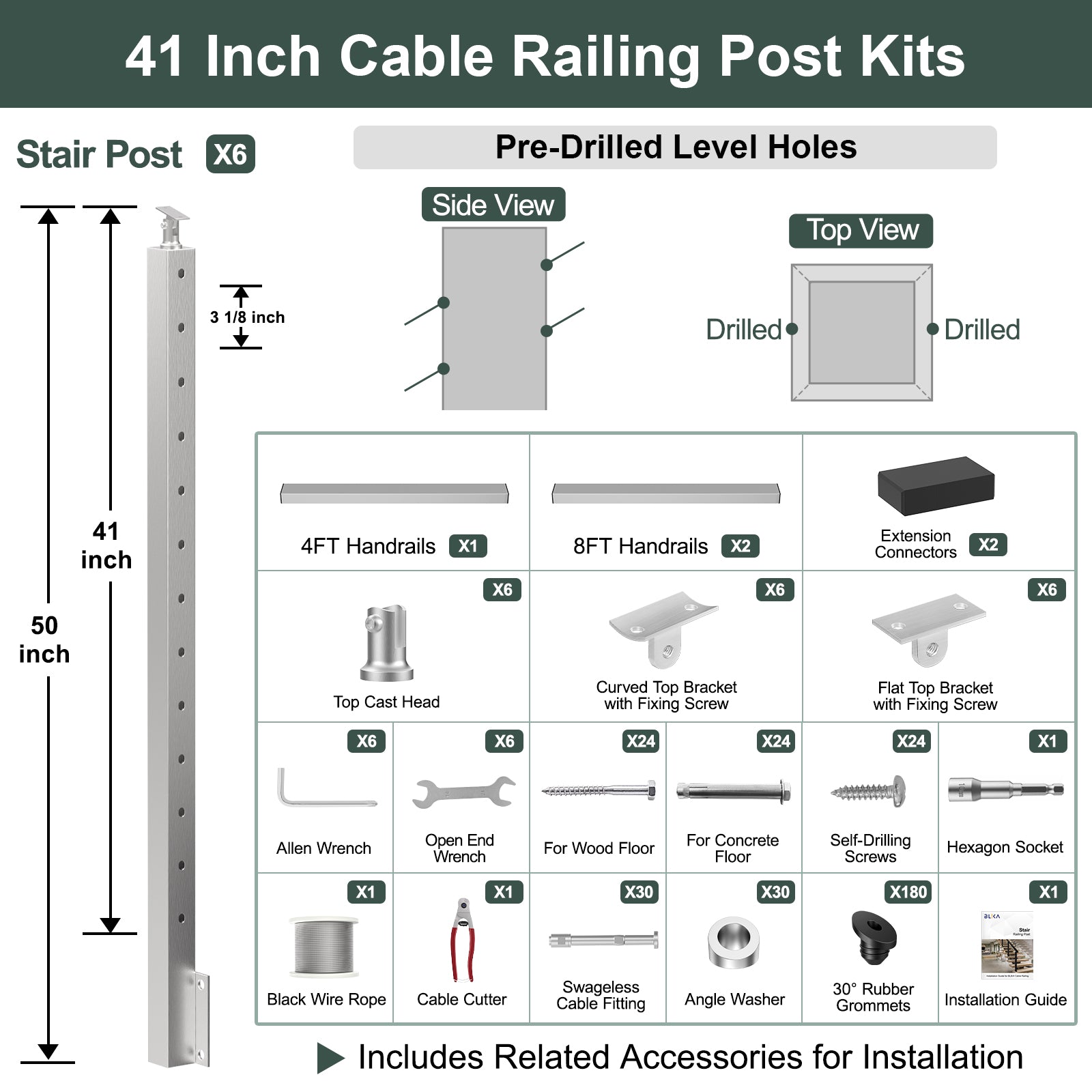 BLIKA 36'' & 42''  Brushed Stainless Steel Side Mount  Stair Cable Railing System DIY Kit (4FT - 20FT, Angled Drilled)