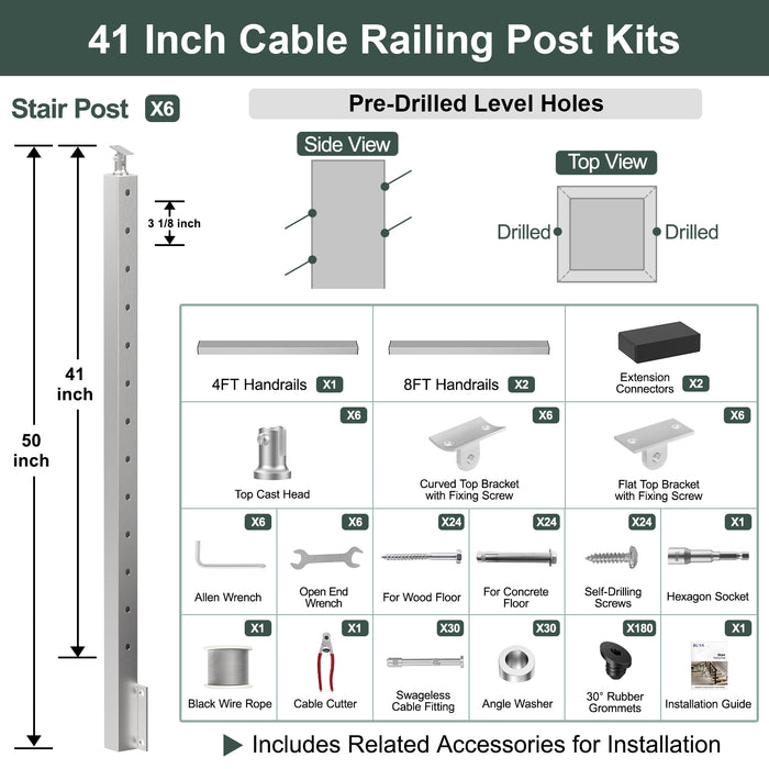 BLIKA 36'' & 42''  Brushed Stainless Steel Side Mount  Stair Cable Railing System DIY Kit (4FT - 20FT, Angled Drilled)