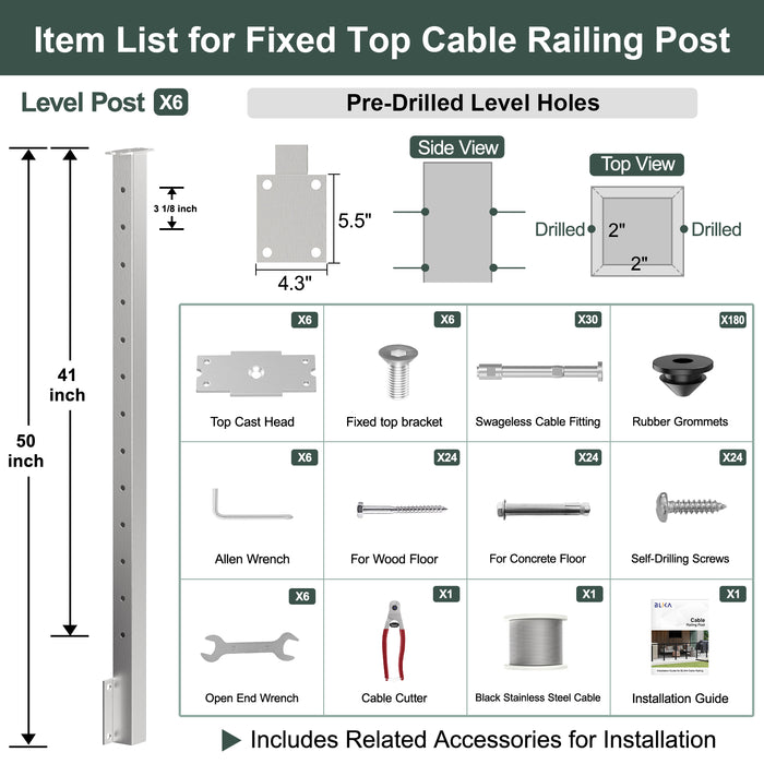 BLIKA 36'' & 42'' Brushed Stainless Steel Side Mount Cable Railing System DIY Kit (4FT - 20FT,  No Handrail)