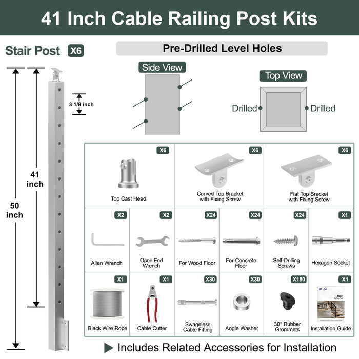 BLIKA 36'' & 42'' Brushed Stainless Steel Side Mount Stair Cable Railing System DIY Kit (4FT - 20FT,  No Handrail)