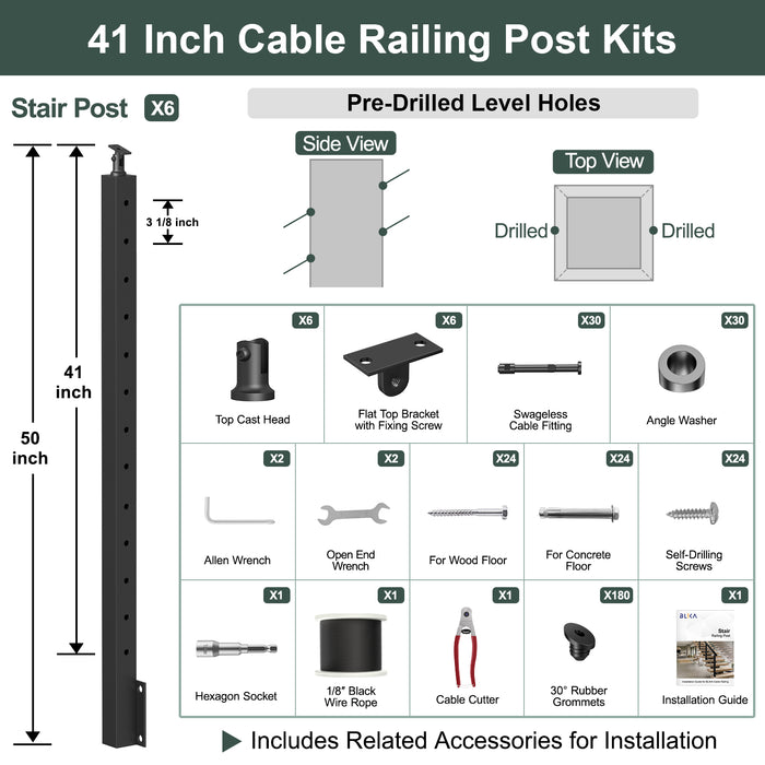BLIKA 36'' & 42'' Black Side Mount Stair Cable Railing System DIY Kit (4FT - 20FT,  No Handrail) - 1/8" Cable & Hardware
