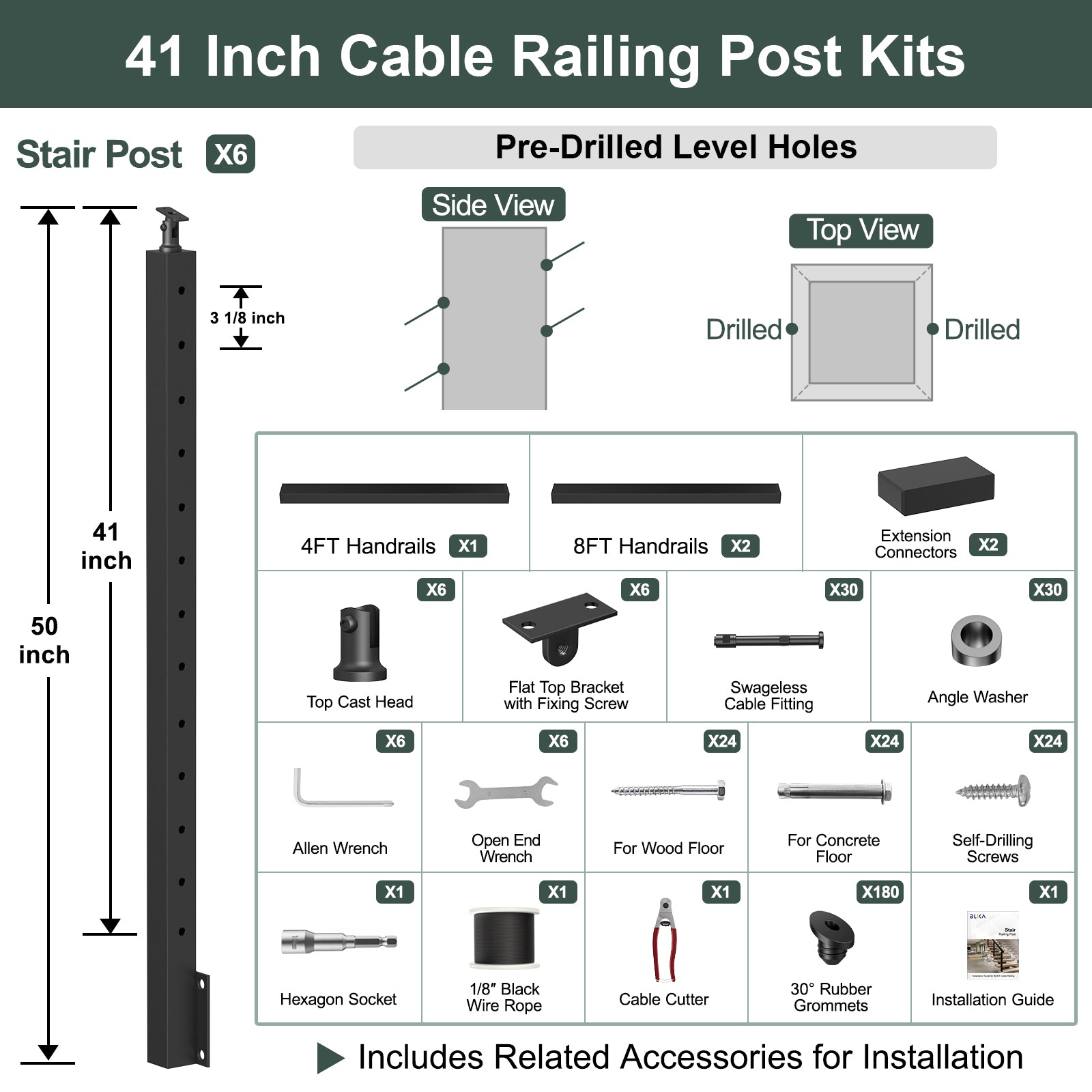 BLIKA 36''& 42''  Black Side Mount  Stair Cable Railing System DIY Kit (4FT - 20FT, Angled Drilled) - 1/8