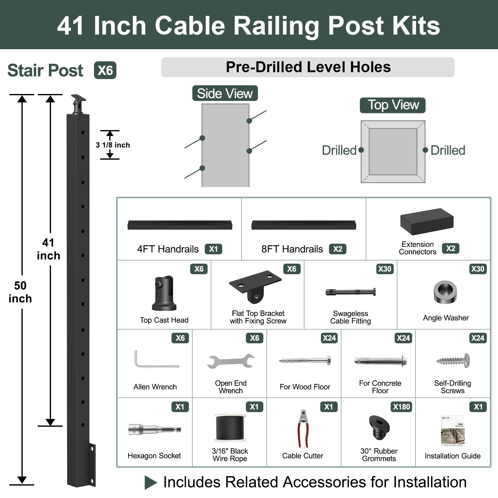 BLIKA 36''& 42''  Black Side Mount  Stair Cable Railing System DIY Kit (4FT - 20FT, Angled Drilled) - 3/16