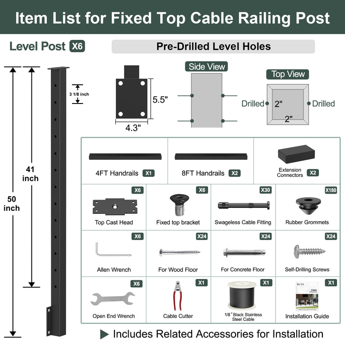 BLIKA 36'' & 42'' Black Side Mount Cable Railing System DIY Kit (4FT - 28FT, Level Drilled) - 1/8" Cable & Hardware