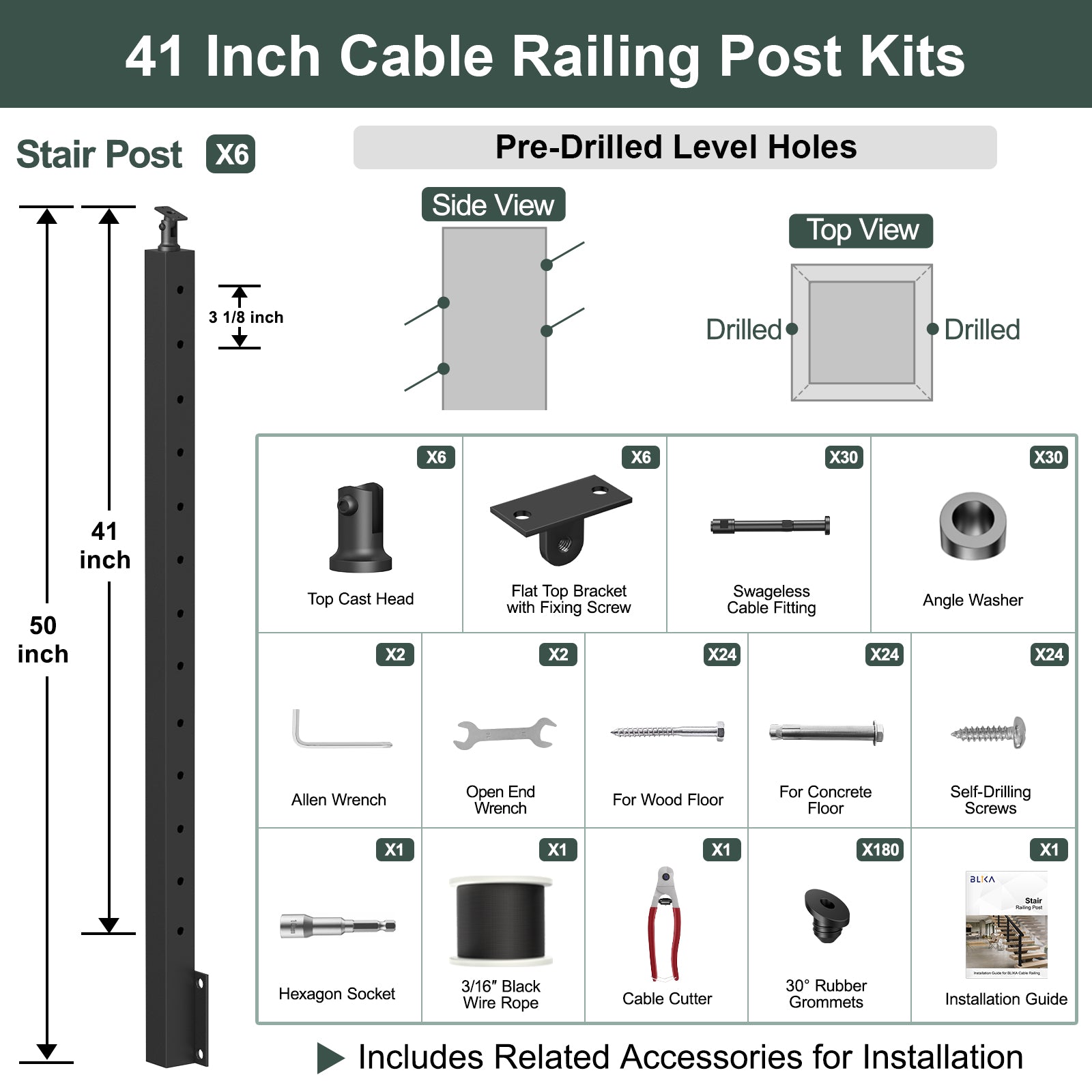 BLIKA 36'' & 42'' Black Side Mount Stair Cable Railing System DIY Kit (4FT - 20FT,  No Handrail) - 3/16