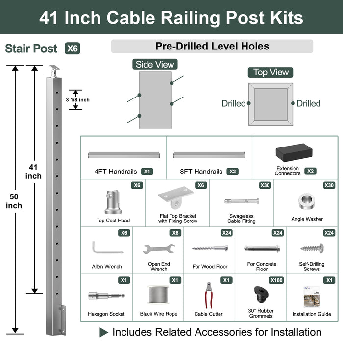 BLIKA 36'' & 42''  Brushed Stainless Steel Side Mount  Stair Cable Railing System DIY Kit (4FT - 20FT, Angled Drilled) - 1/8" Cable & Hardware