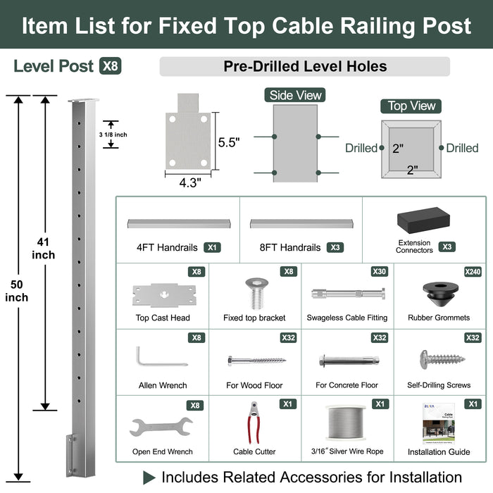 BLIKA 36'' & 42'' Brushed Stainless Steel Side Mount Cable Railing System DIY Kit (4FT - 28FT, Level Drilled) - 3/16" Cable & Hardware