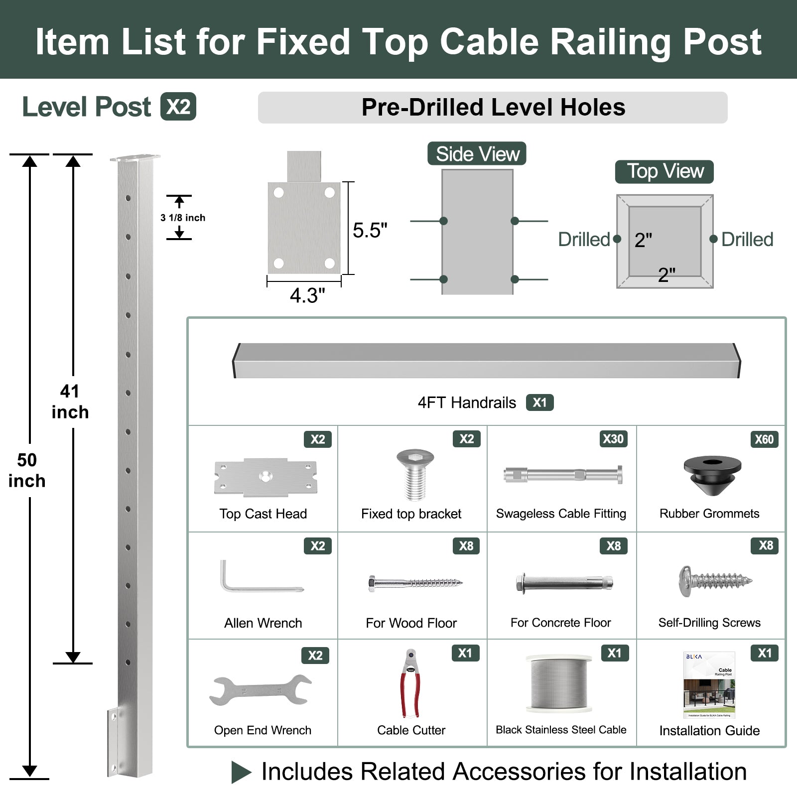 BLIKA 36'' & 42'' Brushed Stainless Steel Side Mount Cable Railing System DIY Kit (4FT - 28FT, Level Drilled)