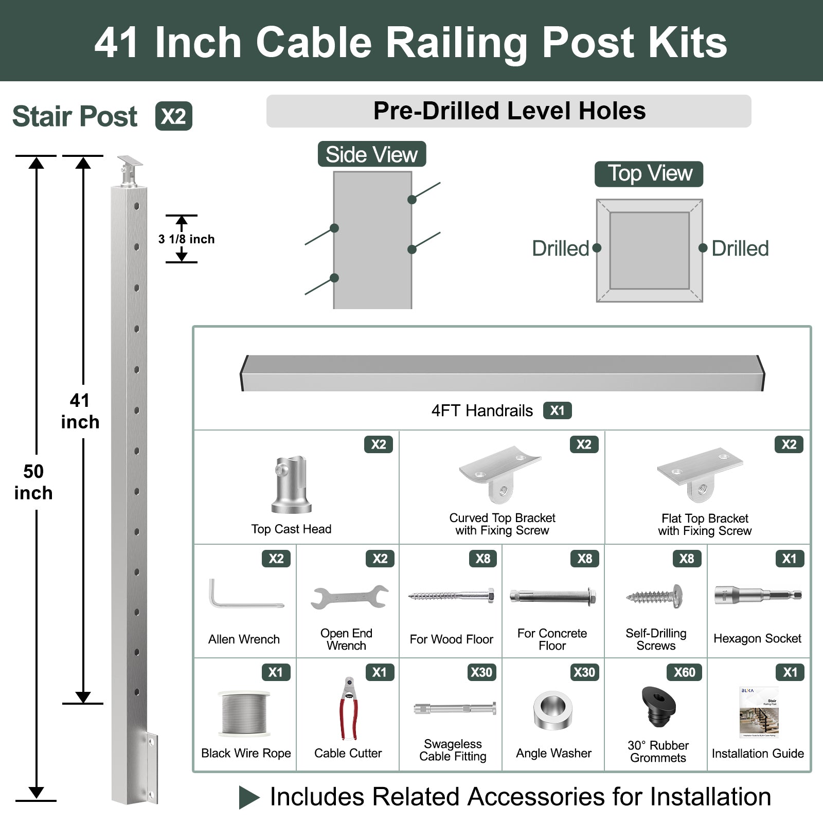 BLIKA 36'' & 42''  Brushed Stainless Steel Side Mount  Stair Cable Railing System DIY Kit (4FT - 20FT, Angled Drilled)