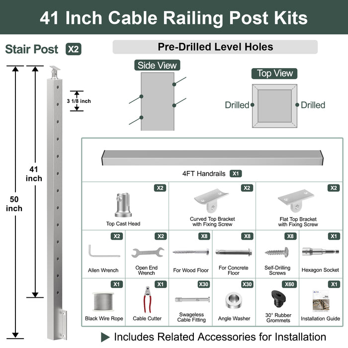BLIKA 36'' & 42''  Brushed Stainless Steel Side Mount  Stair Cable Railing System DIY Kit (4FT - 20FT, Angled Drilled)