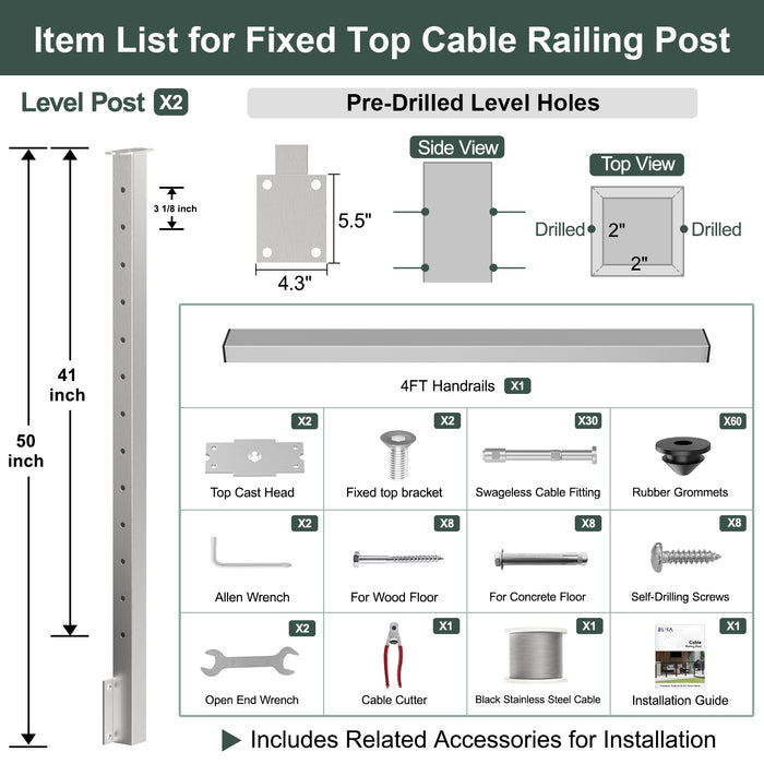 BLIKA 36'' & 42'' Brushed Stainless Steel Side Mount Cable Railing System DIY Kit (4FT - 28FT, Level Drilled)