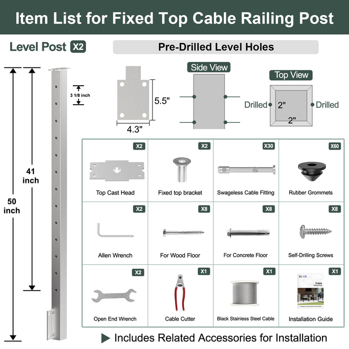 BLIKA 36'' & 42'' Brushed Stainless Steel Side Mount Cable Railing System DIY Kit (4FT - 20FT,  No Handrail)