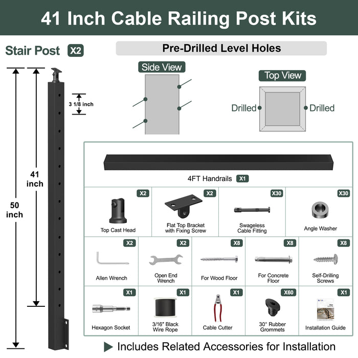 BLIKA 36''& 42''  Black Side Mount  Stair Cable Railing System DIY Kit (4FT - 20FT, Angled Drilled) - 3/16" Cable & Hardware