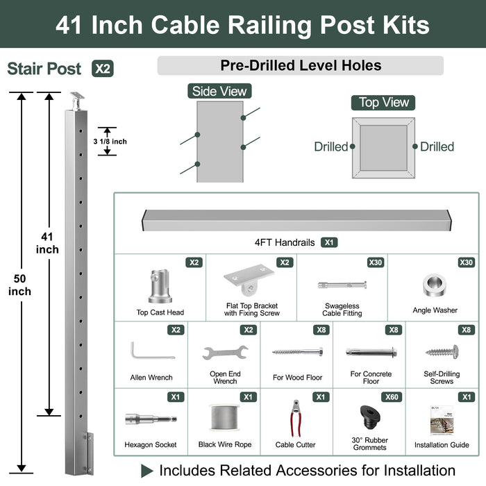 BLIKA 36'' & 42''  Brushed Stainless Steel Side Mount  Stair Cable Railing System DIY Kit (4FT - 20FT, Angled Drilled) - 1/8" Cable & Hardware