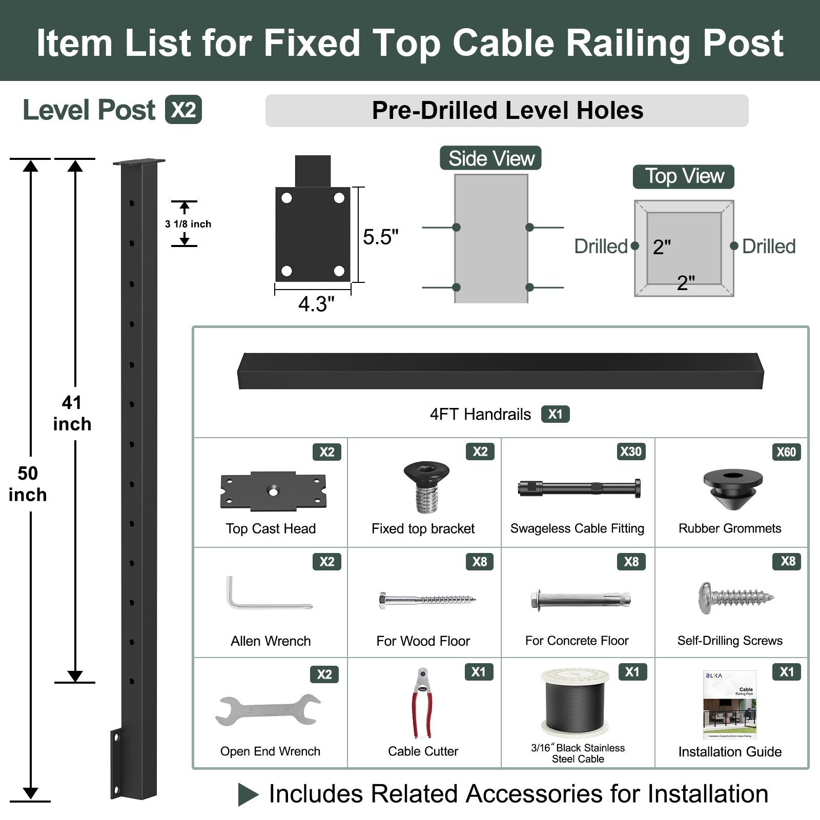 BLIKA 36'' & 42'' Black Side Mount Cable Railing System DIY Kit (4FT - 28FT, Level Drilled) - 3/16