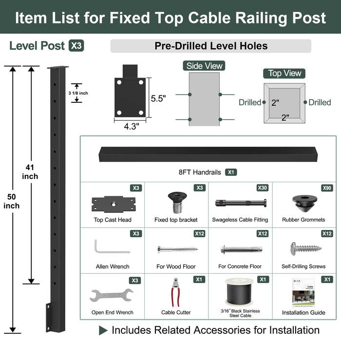 BLIKA 36'' & 42'' Black Side Mount Cable Railing System DIY Kit (4FT - 28FT, Level Drilled) - 3/16" Cable & Hardware