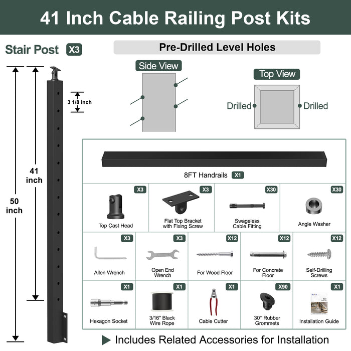 BLIKA 36''& 42''  Black Side Mount  Stair Cable Railing System DIY Kit (4FT - 20FT, Angled Drilled) - 3/16" Cable & Hardware