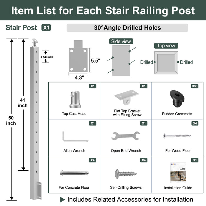 BLIKA 42" Brushed Stainless Steel Angle Drilled Side Mount Post