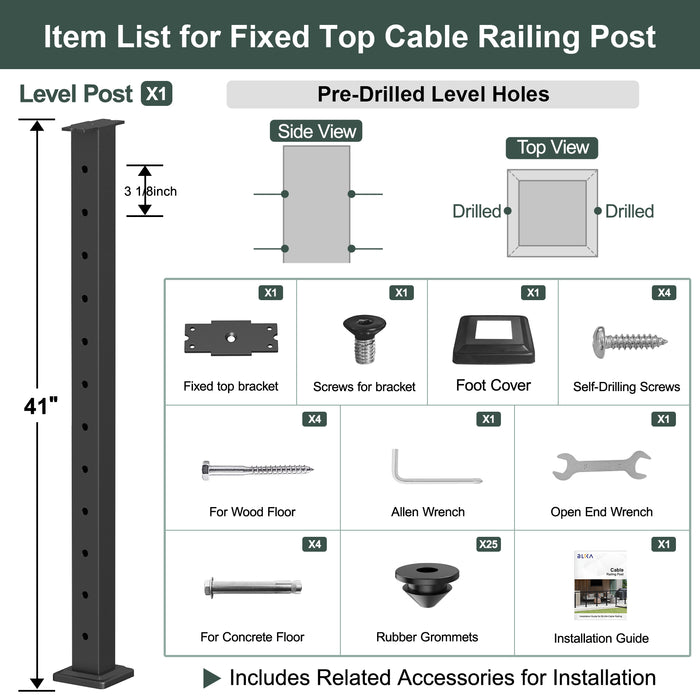 BLIKA 42" Level Drilled Cable Railing Post