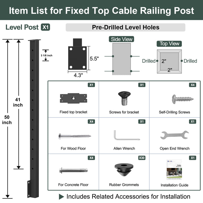 BLIKA 42" Level Drilled Side Mount Post for Cable Railing
