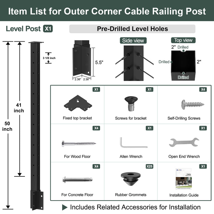 BLIKA 50" Overall Height Side Mount Outer Corner Post Specifications - Includes Mounting Brackets and Hardware for Wood and Concrete Floors-Black