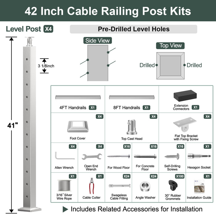 BLIKA 36'' & 42'' Brushed Stainless Steel Surface Mount Stair Cable Railing System DIY Kit (4FT - 20FT, Angled Drilled) - 3/16" Cable & Hardware